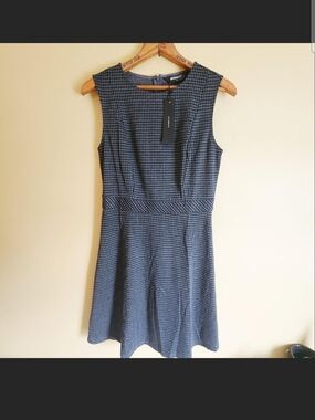 Allegra K Navy Houndstooth Sleeveless Fit & Flare Mini Dress